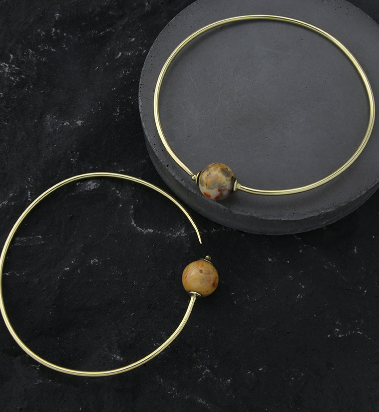 Crazy Lace Agate Stone Ball Brass Plug Hoops