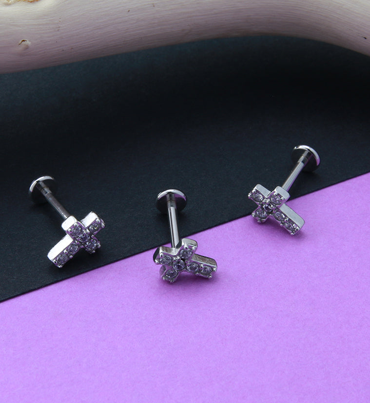 Cross CZ Gem Labret Post