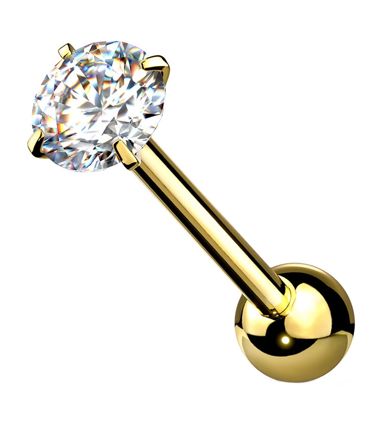 Gold PVD CZ Prong Set Stainless Steel Barbell