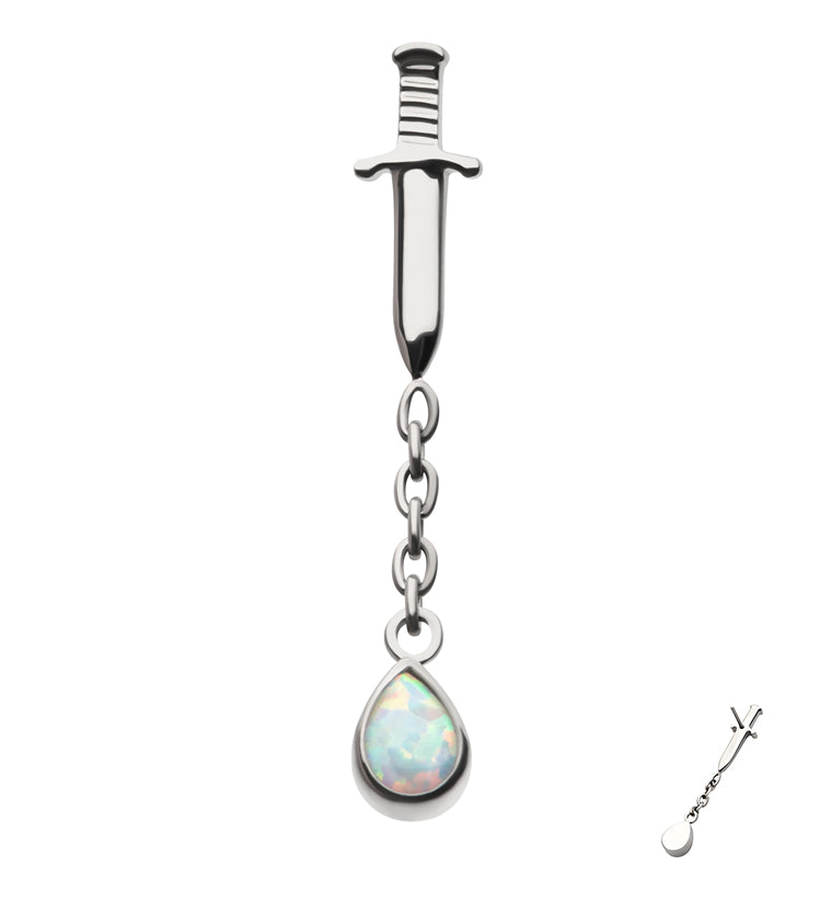 Dagger Dangle Chain Teardrop White Opalite Threadless Titanium Top