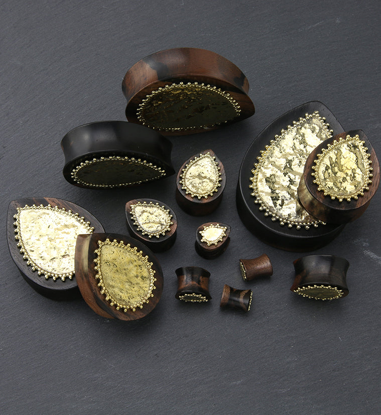 Doily Brass Inlay Areng Wood Teardrop Plugs