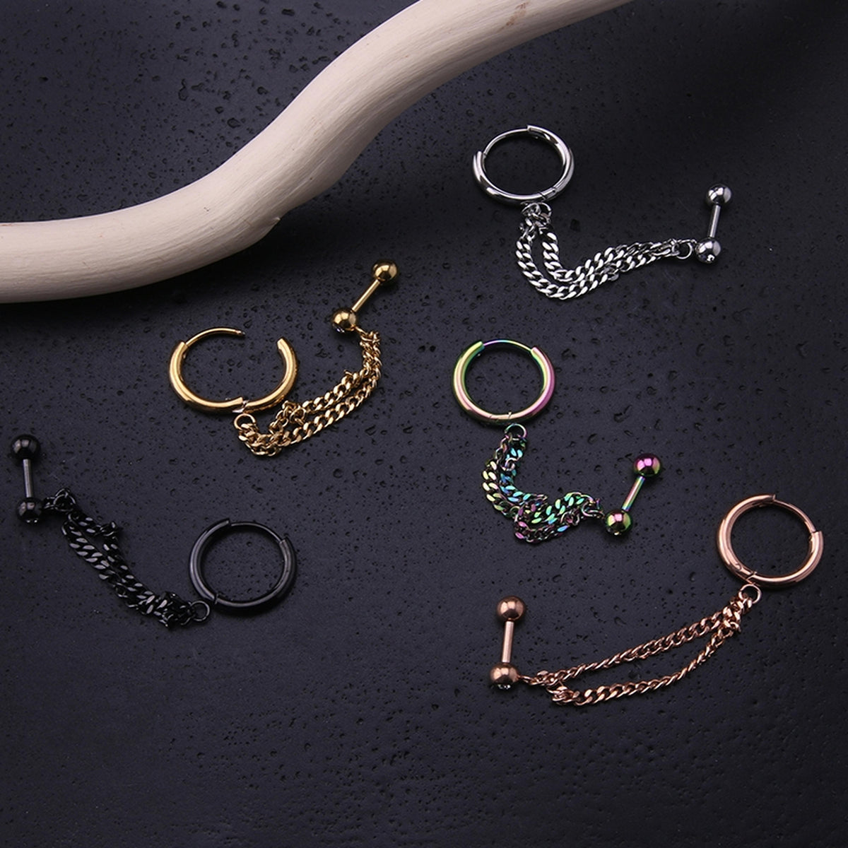 Black PVD Double Linked Hinged Hoop Ring & CZ Cartilage Barbell
