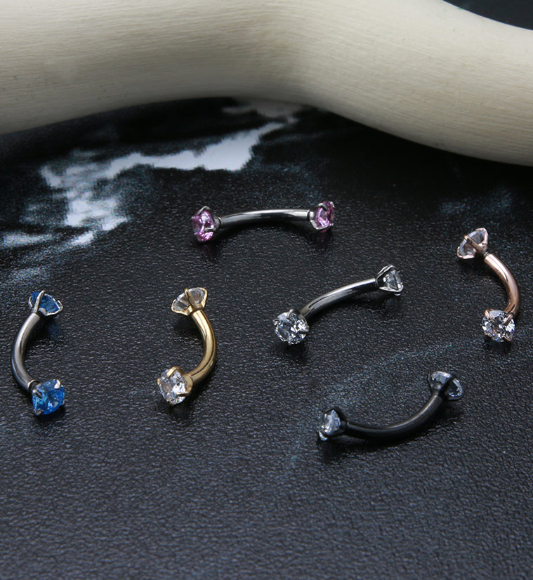 Gold PVD Titanium Double Prong CZ Curved Barbell