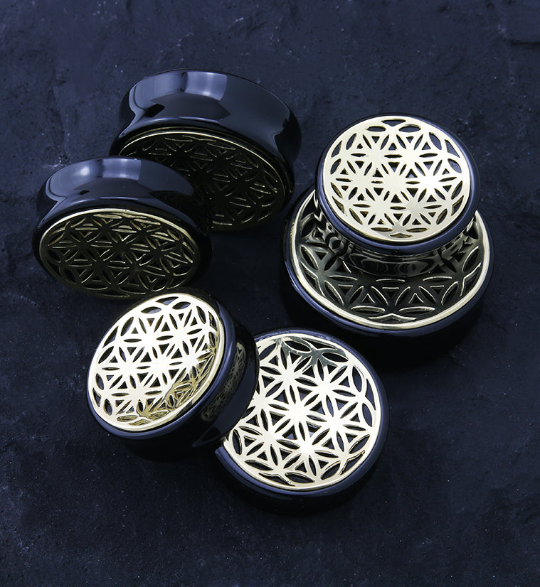 Flower of Life Obsidian Stone Plugs