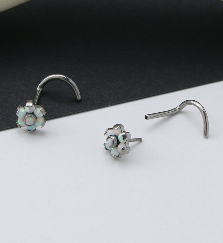 Flower White Opalite Titanium Threadless Nose Screw Ring