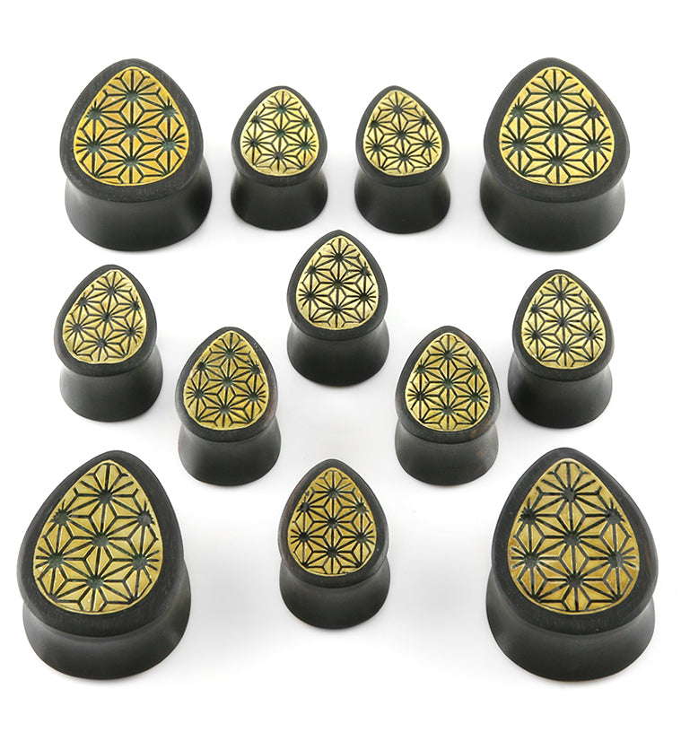 Areng Wooden Teardrop Plugs with Japanese Hemp Brass Inlay