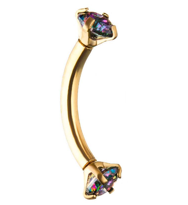 Gold PVD Black Aurora CZ Prong Set Stainless Steel Curved Barbell