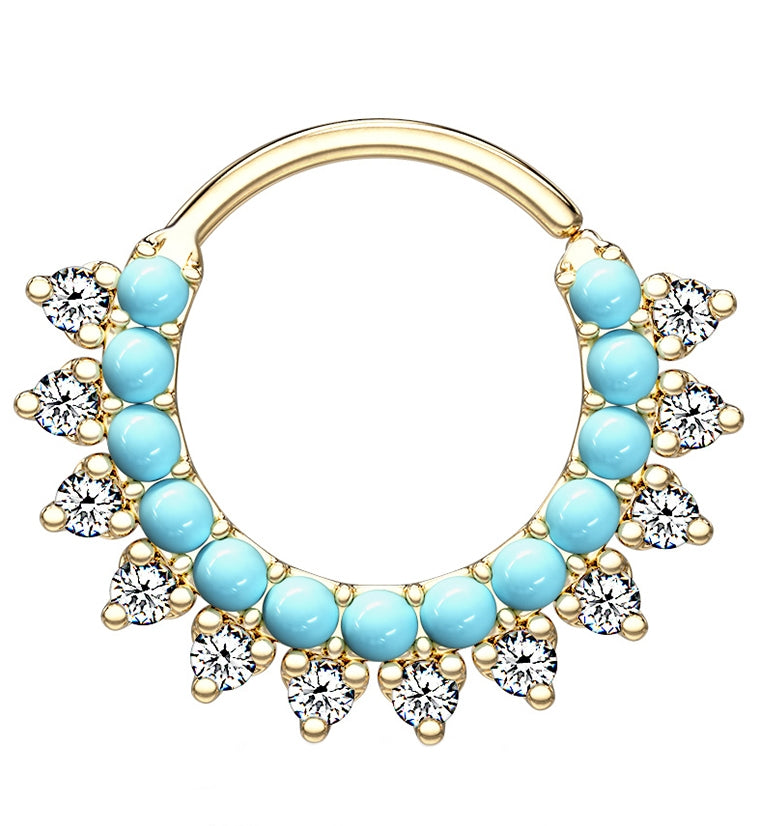 Turquoise & CZ Gold Brass Annealed Hoop Ring