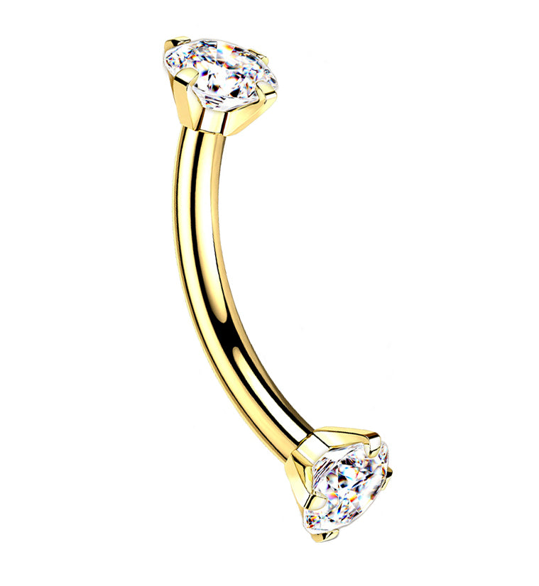 Gold PVD Titanium Double Prong CZ Curved Barbell