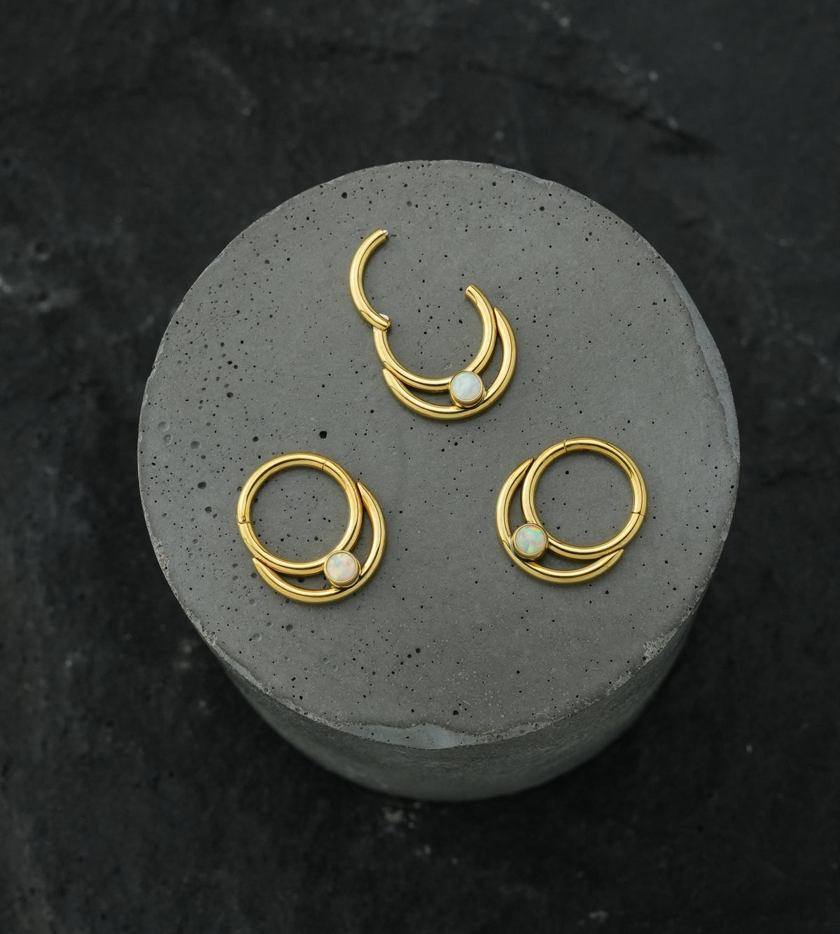 Gold PVD Double Hoop Bezel White Opalite Stainless Steel Hinged Segment Ring