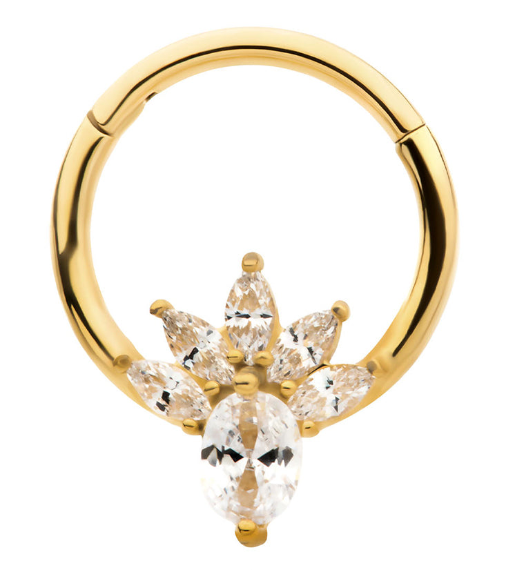 Gold PVD Flower Marquise Clear CZ Stainless Steel Hinged Segment Ring