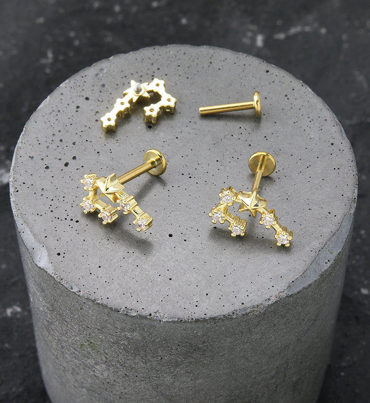 Gold PVD Gemini Constellation Clear CZ Stainless Steel Internally Threaded Labret