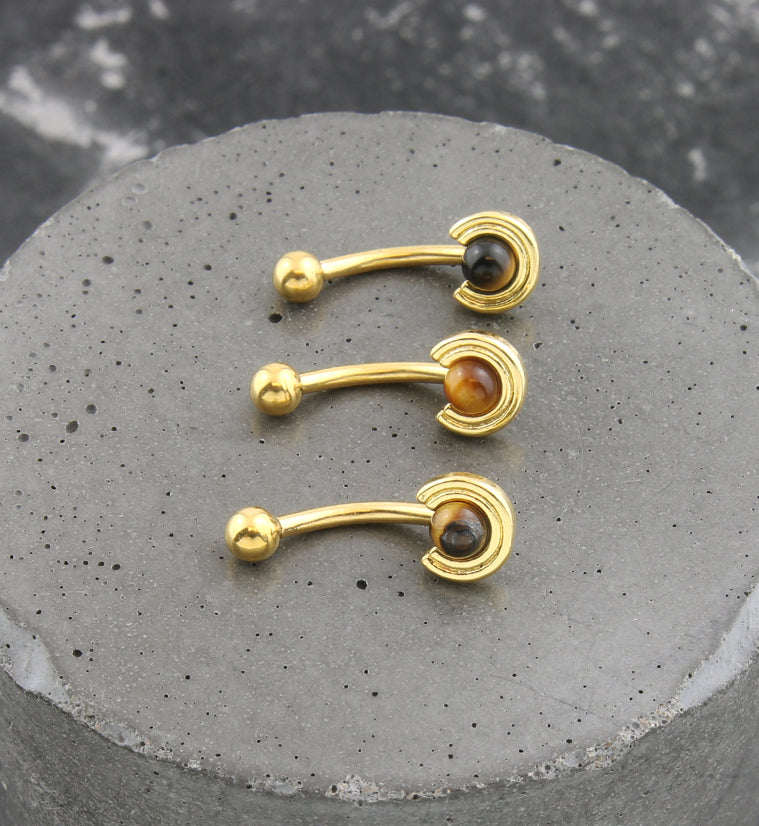 Gold PVD Halo Tiger Eye Howlite Stone Stainless Steel Curved Barbell