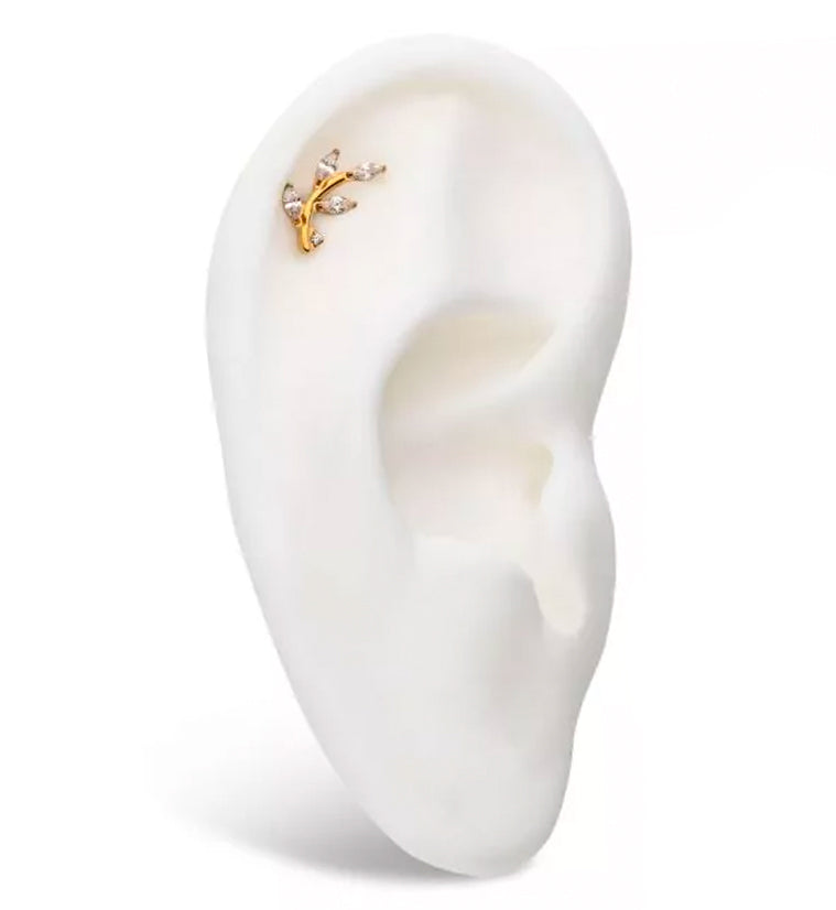 Gold PVD Leaf Clear CZ Threadless Titanium Top
