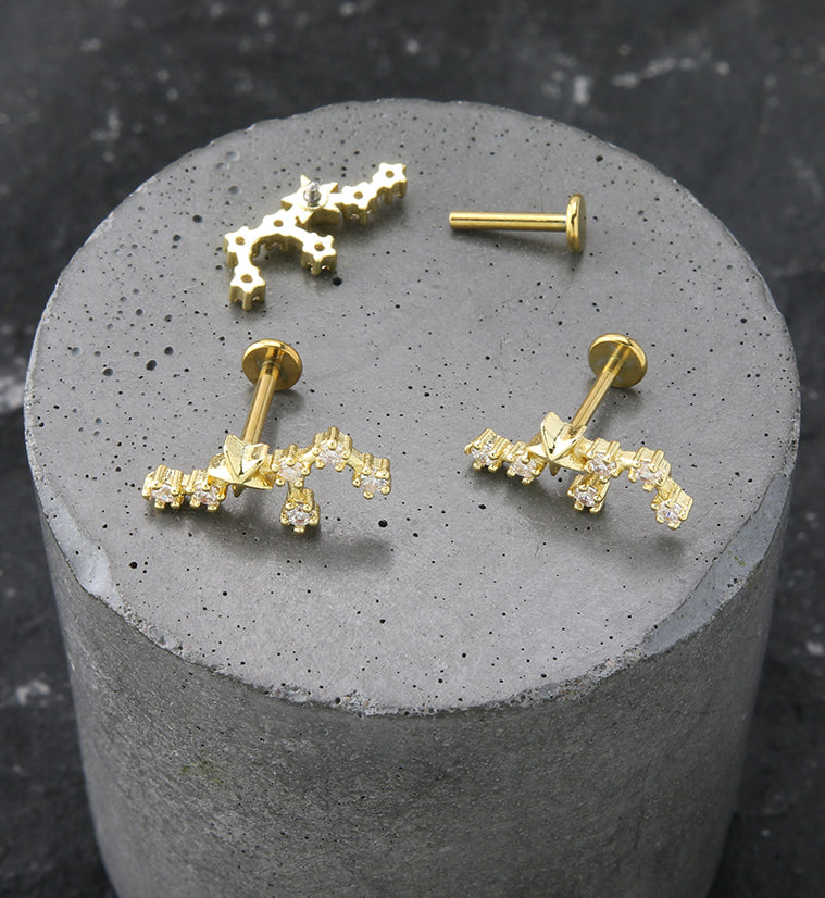 Gold PVD Sagittarius Constellation Clear CZ Stainless Steel Internally Threaded Labret