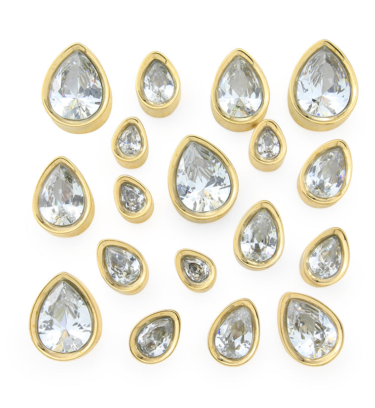 Gold PVD Teardrop Clear CZ Stainless Steel Tunnels