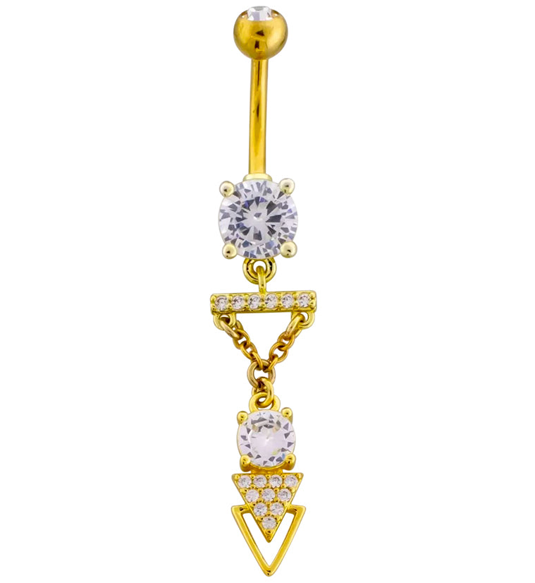 Gold PVD Triangle Descent Dangle Clear CZ Belly Button Ring