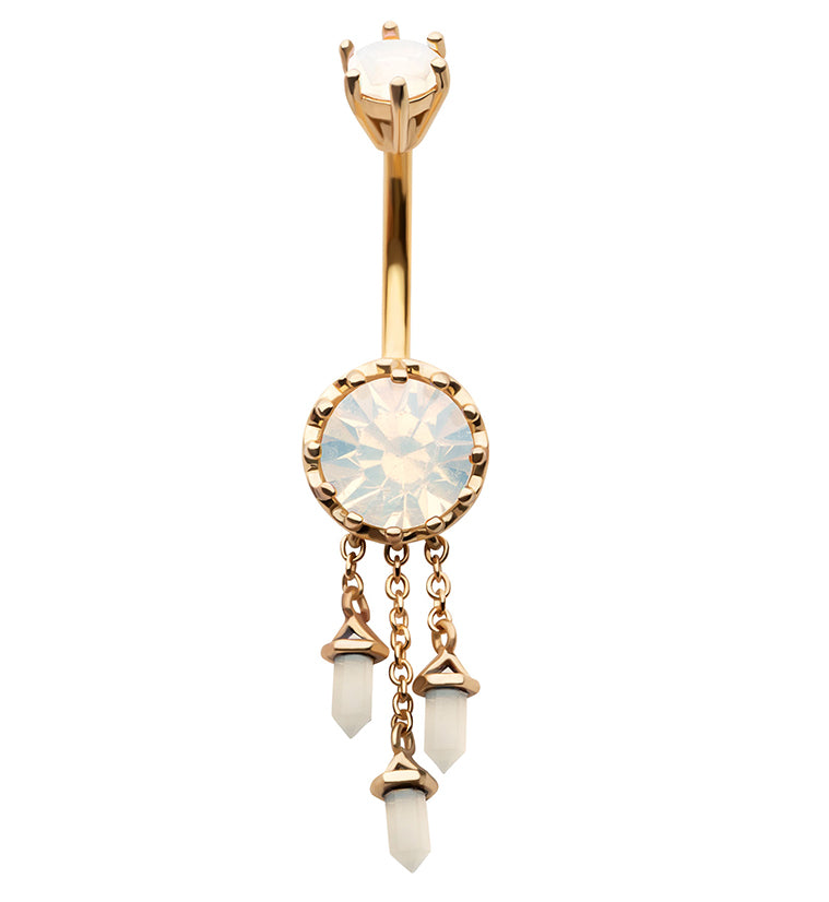 Gold PVD White Opalite Crystal Dangle Stainless Steel Belly Button Ring