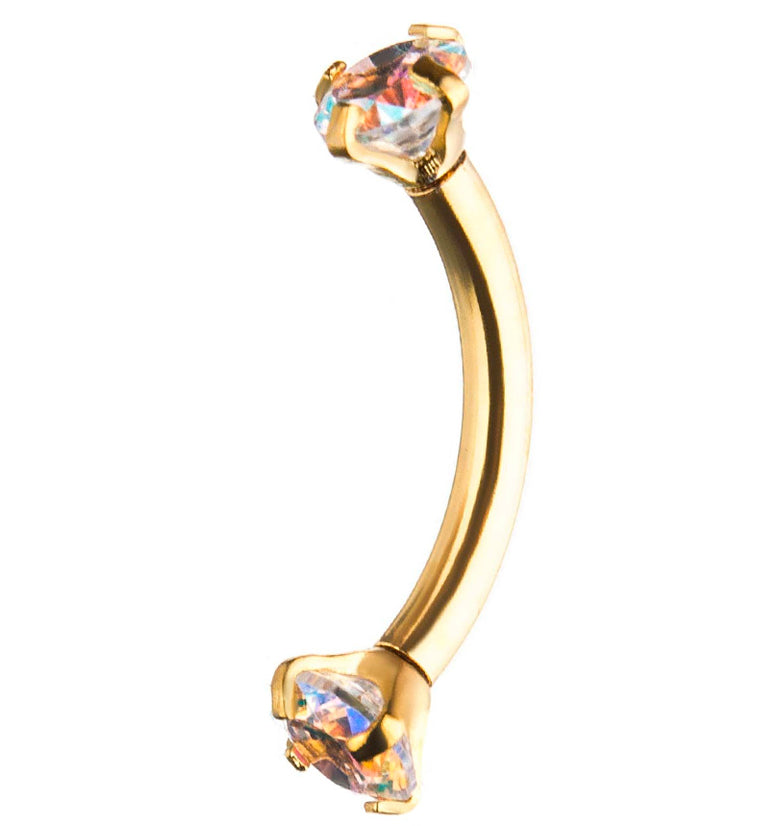 Gold PVD Rainbow Aurora CZ Prong Set Stainless Steel Curved Barbell