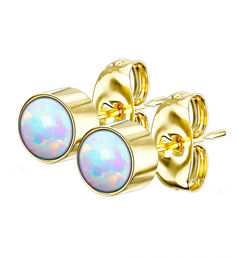 Black PVD Bezel White Opalite Stainless Steel Earrings