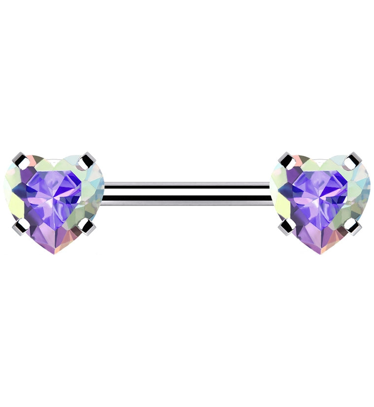 Double Rainbow Aurora Heart CZ Stainless Steel Threadless Barbell