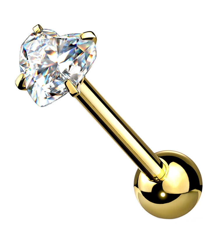 Gold PVD Heart CZ Prong Set Stainless Steel Barbell