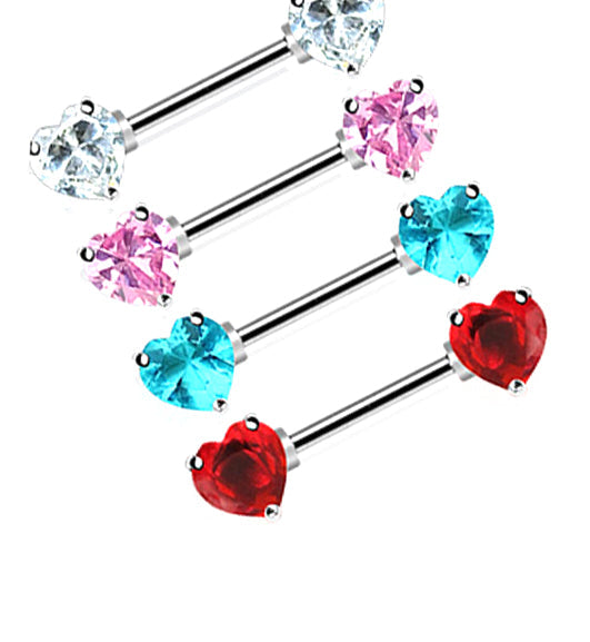 Heart Nipple Ring With Double CZ Diamond Barbell