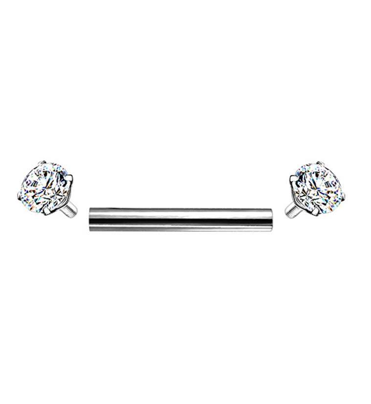 Clear Double Square CZ Prong Set Stainless Steel Barbell