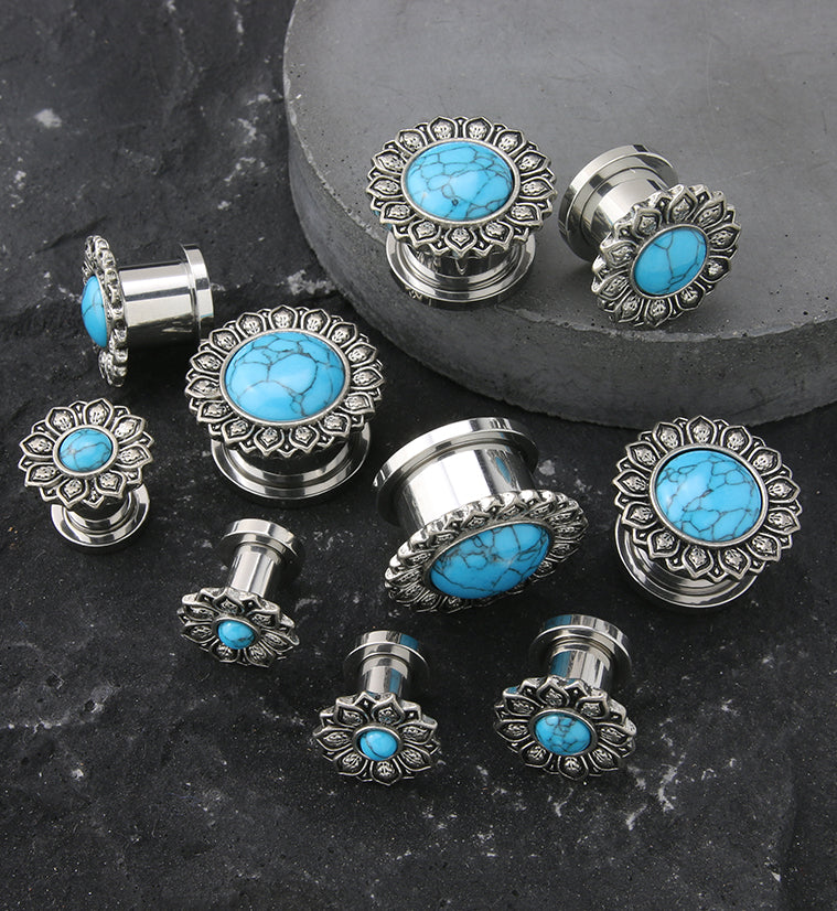 Lotus Flower Howlite Turquoise Stainless Steel Tunnel Plugs