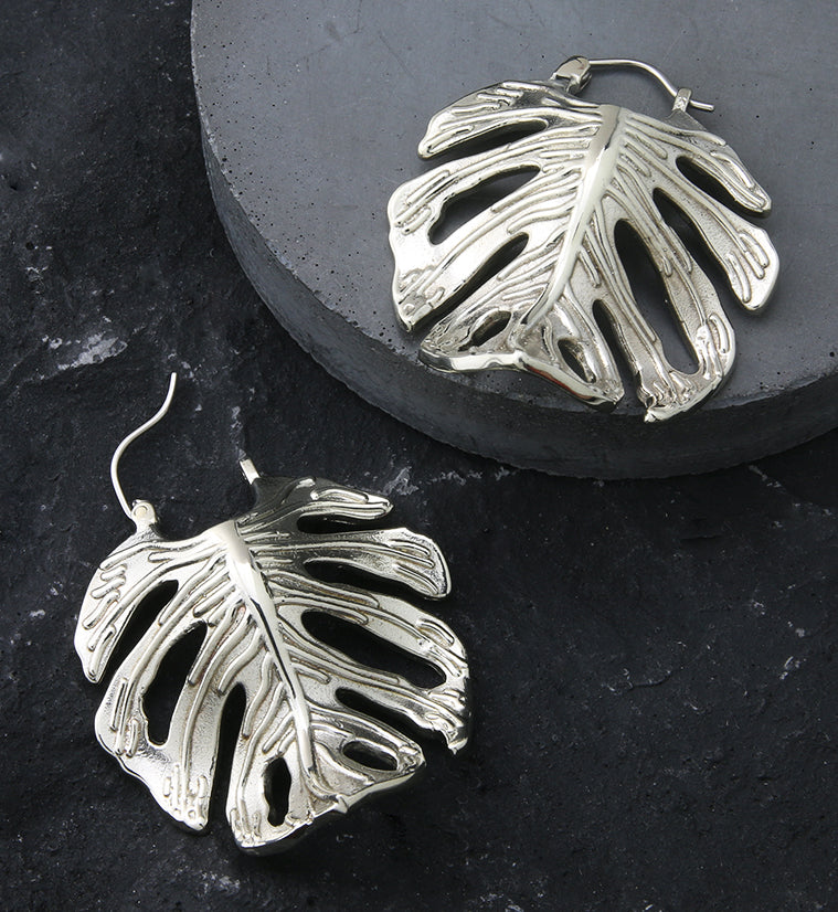 Monstera Variegata Leaf White Brass Hangers / Earrings