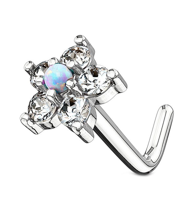 20G 14kt Gold Opal Flower Pack L Shaped Nose Ring