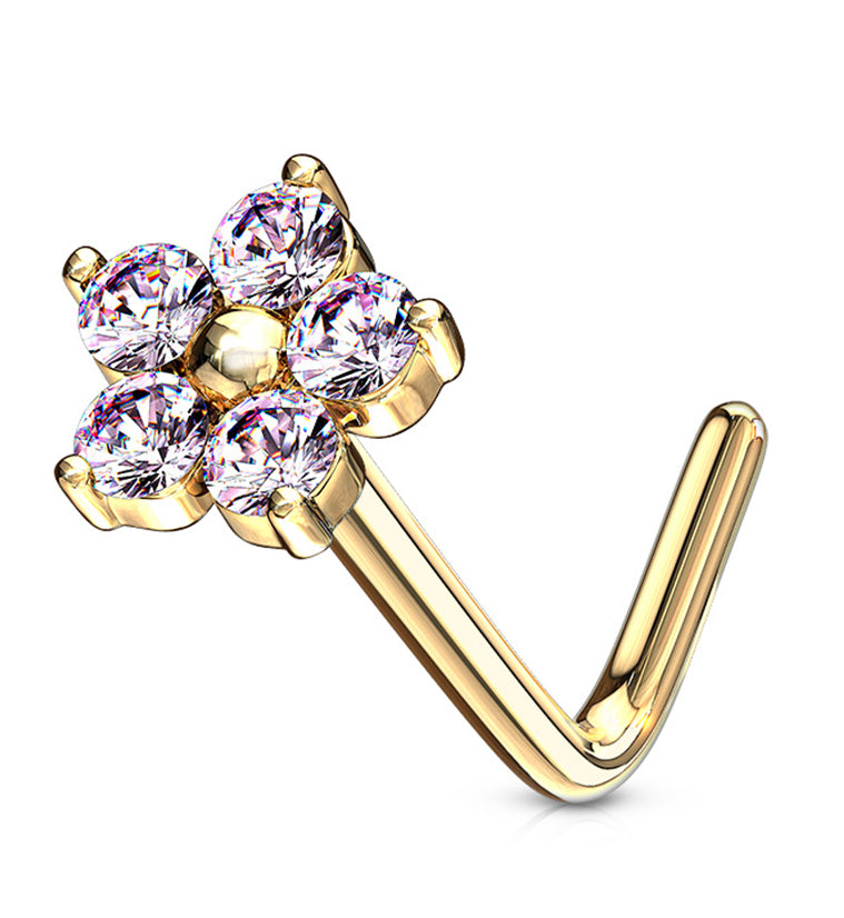 20G 14kt Gold PinkCZ Floral L Bend Nose Ring