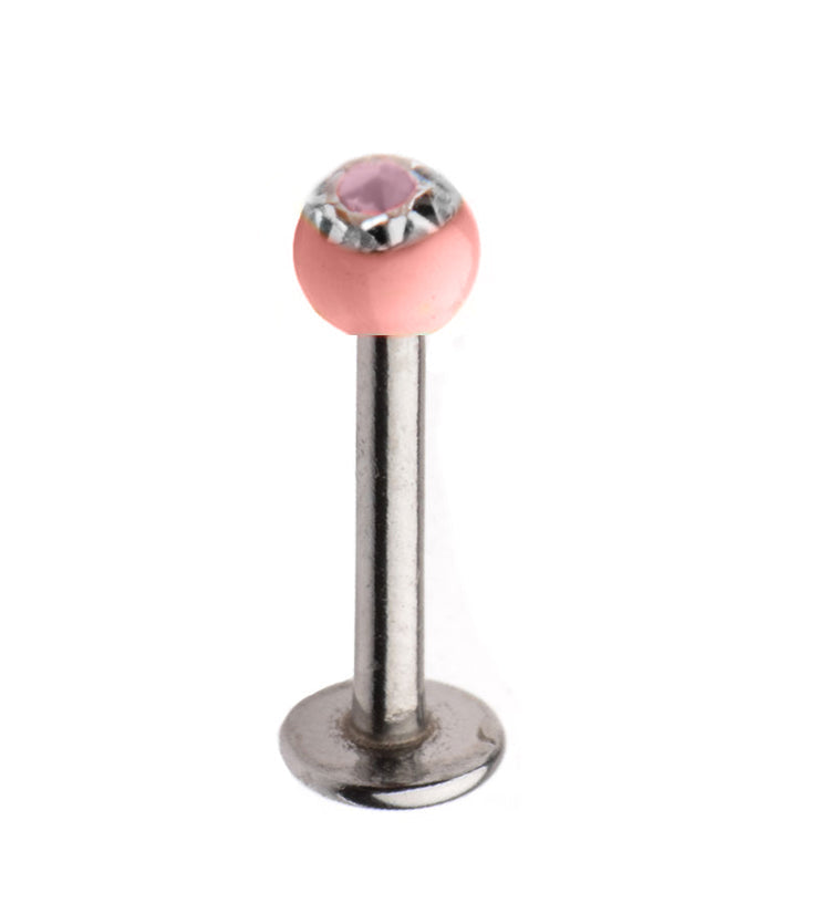 16G Stainless Steel Lip / Labret Stud with CZ Pink Ceramic Ball
