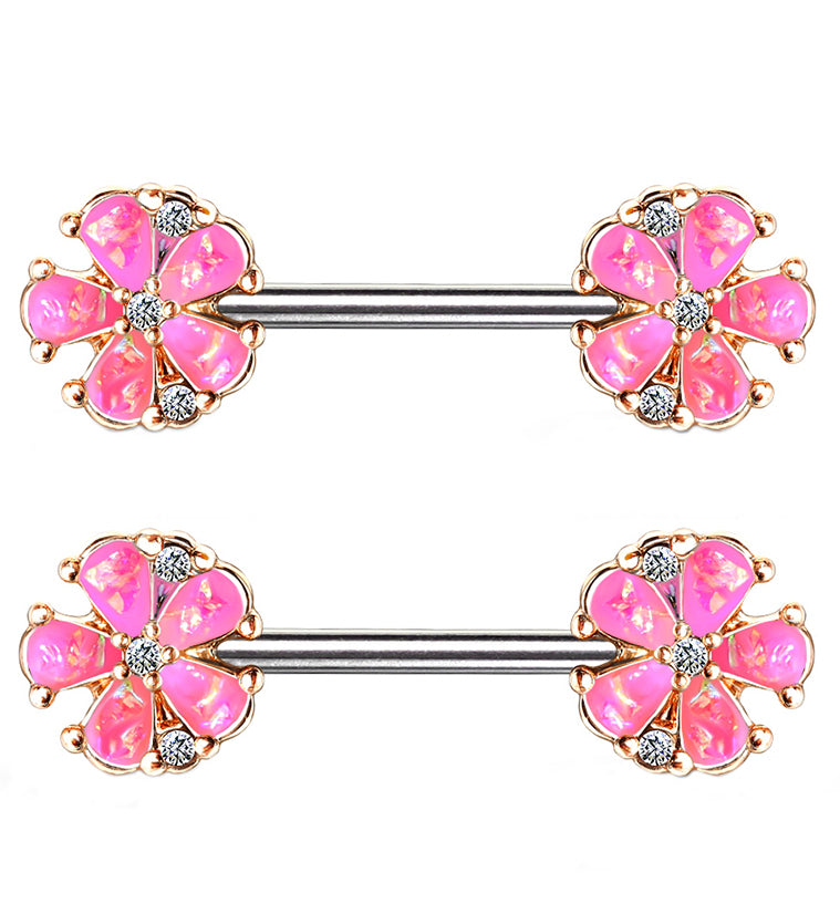14G White Opalescent Glitter Petal Nipple Ring Barbell