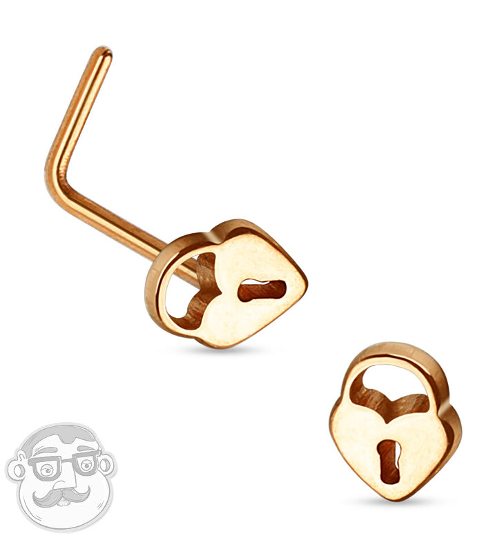 20G Rose Gold Love Lock Top Stainless Steel L Shaped Nose Ring