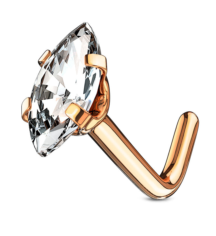 20G Rose Gold PVD Oval CZ Stainless Steel L Shaped Nose Ring