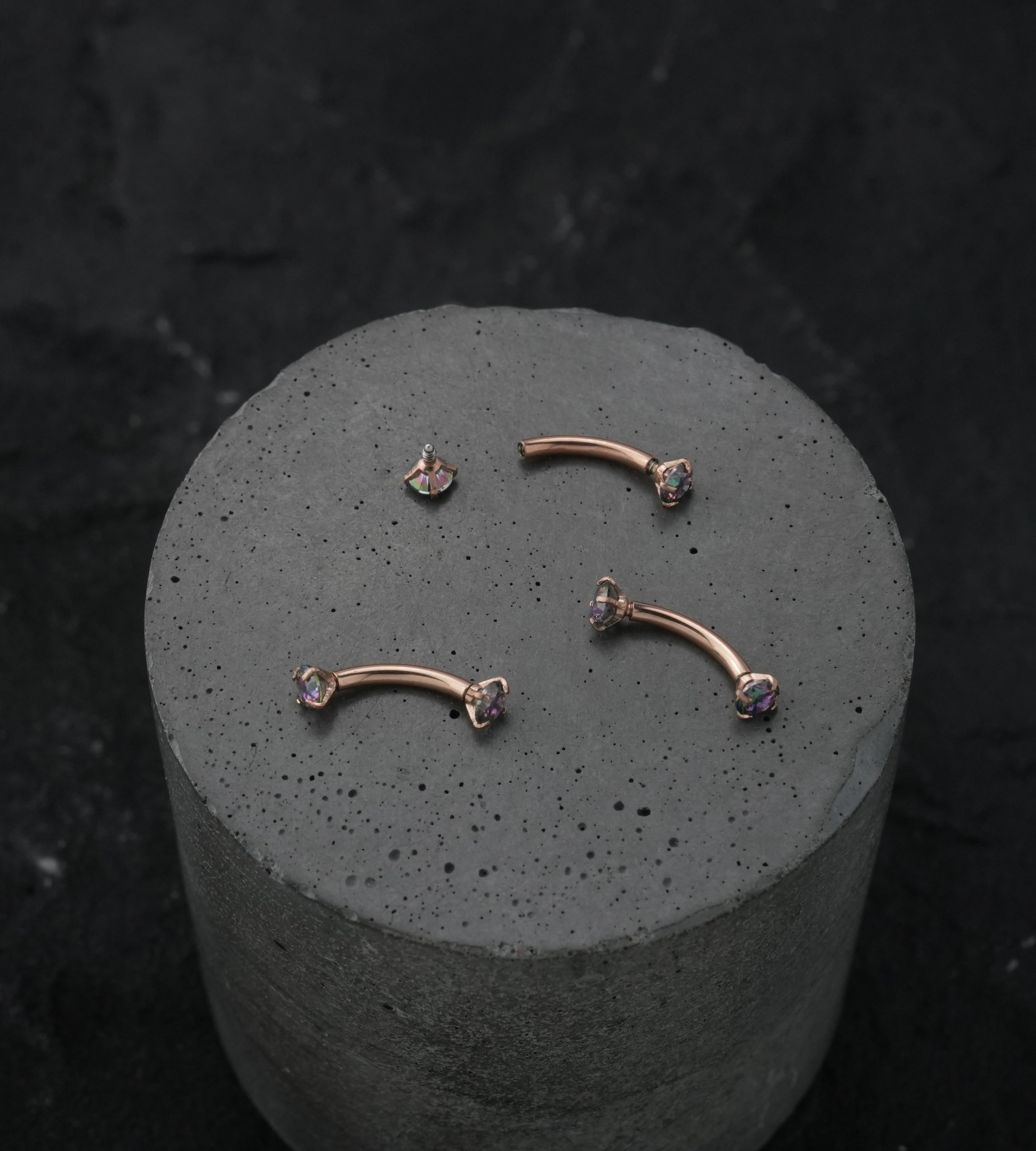 Rose Gold PVD Black Aurora CZ Prong Set Stainless Steel Curved Barbell