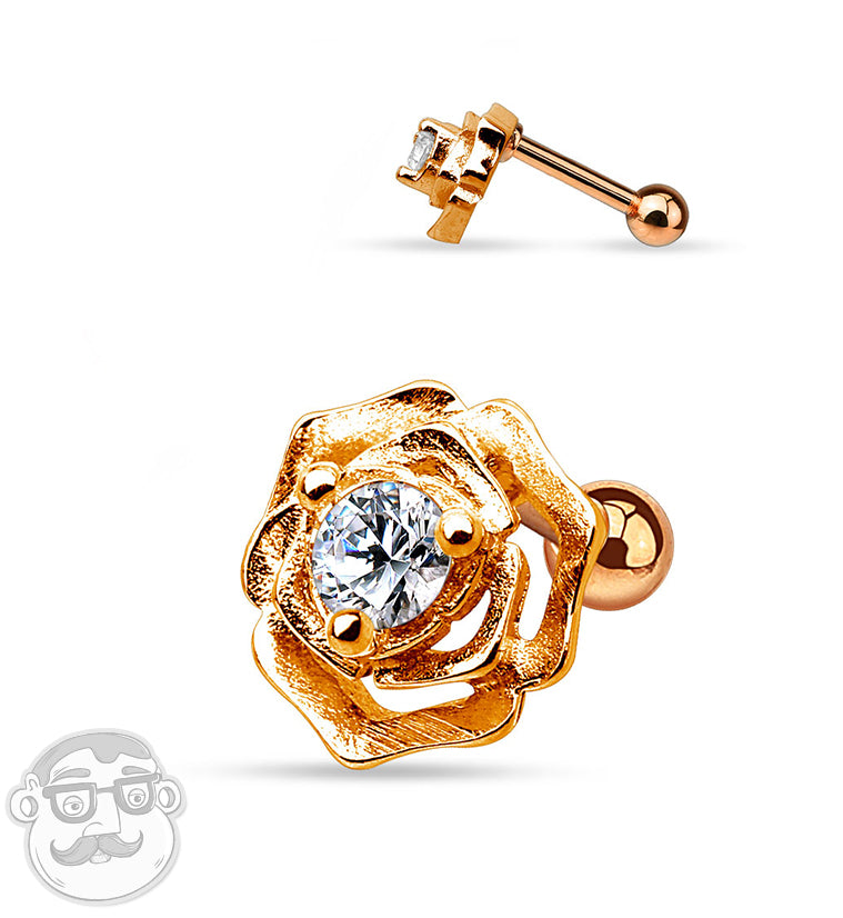 Rose Gold Rosebud CZ Steel Tragus / Cartilage Barbell