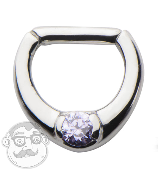16G Stainless Steel Septum Clicker With Single Purple CZ