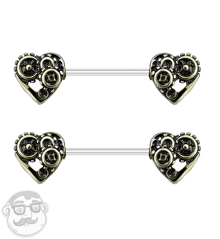 Golden Steampunk Heart Nipple Ring Barbell