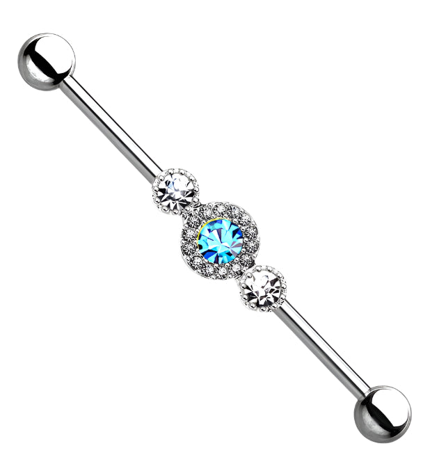 Triple Aqua CZ Stainless Steel Industrial Barbell