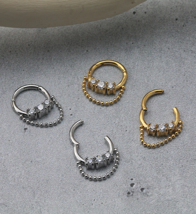 Triple Prong Set Clear CZ with Dangling Chain Hinged Segment Ring