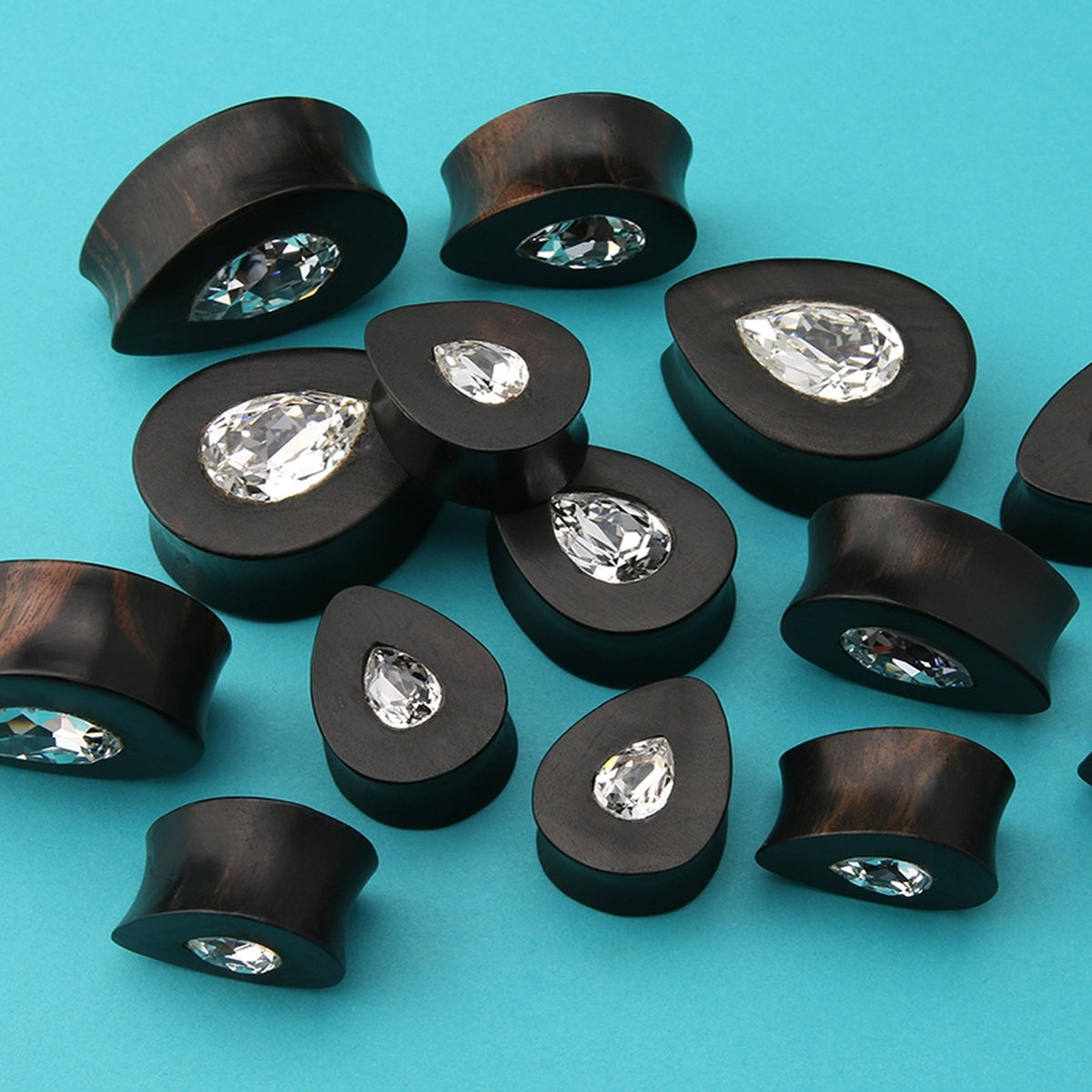 Areng Wooden Teardrop Plugs with Teardrop Swarovski CZ Inlay