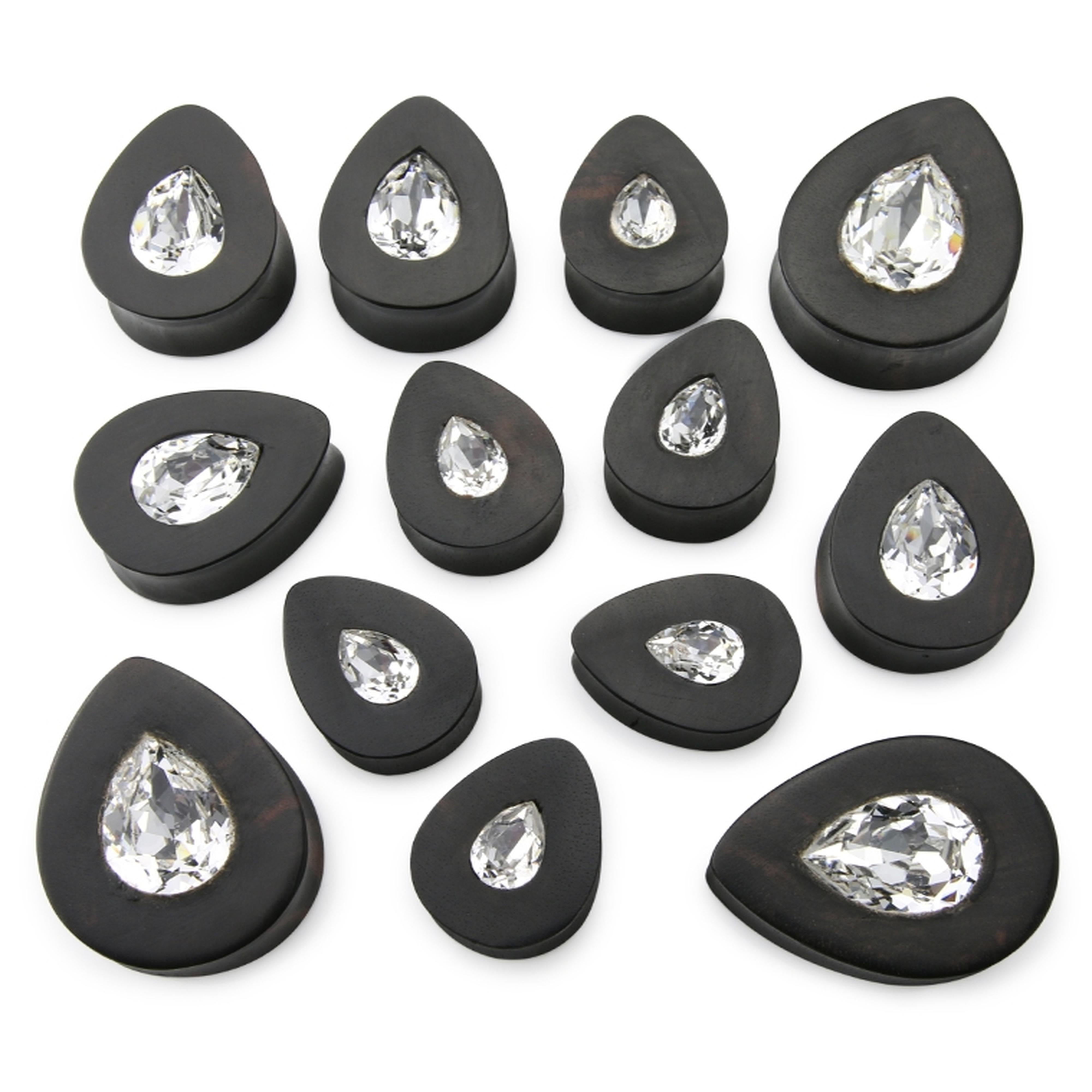 Areng Wooden Teardrop Plugs with Teardrop Swarovski CZ Inlay